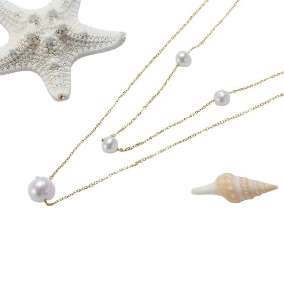 ENA 925 14k Over Sterling Silver Layered Pearls Station Necklace - Picture 4 of 5